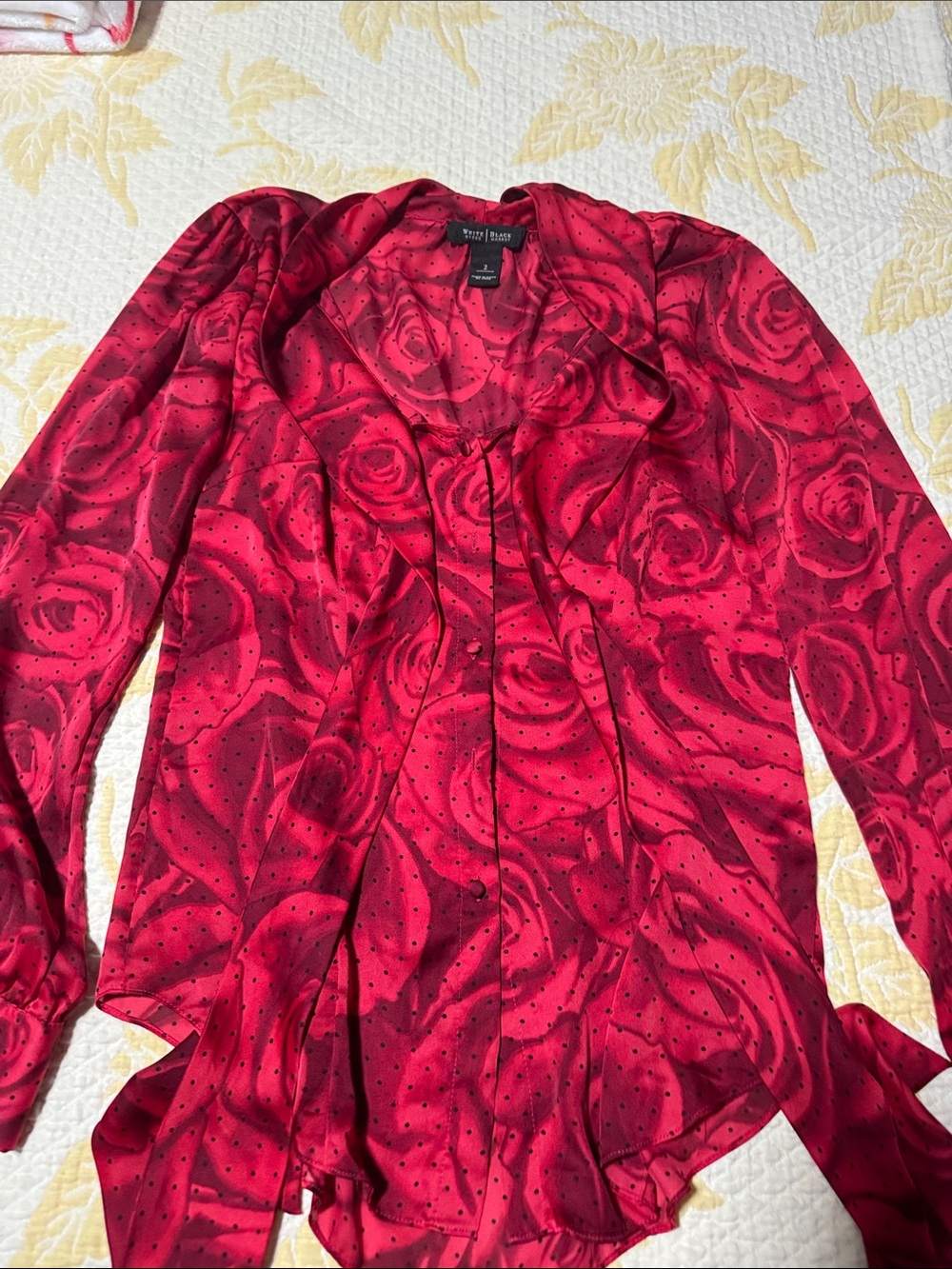 White House Black Market Red Rose-Print Long-Sleeve Blouse
